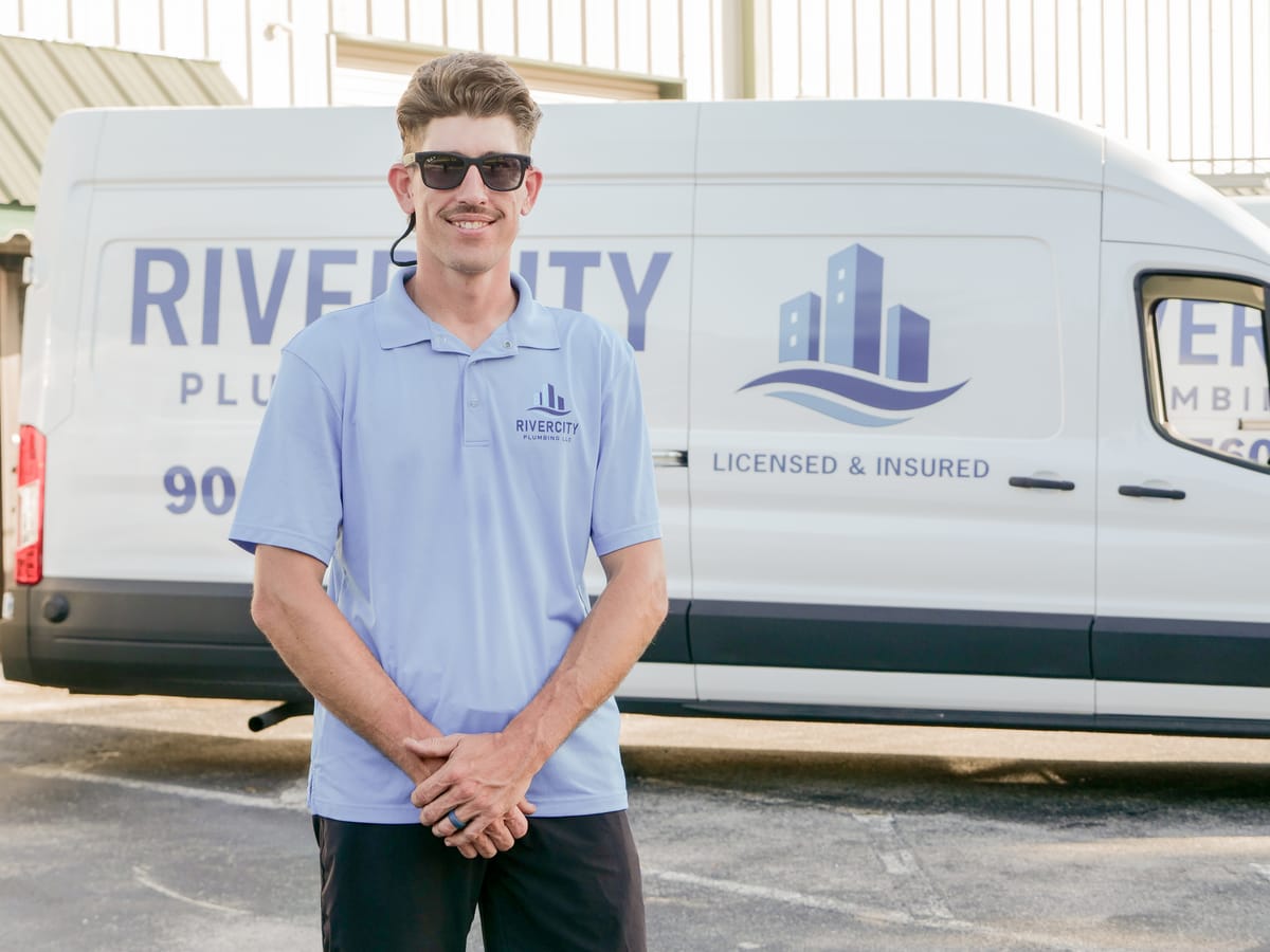 Dustin Bradley in front of a RiverCity Plumbing service van in Jacksonville